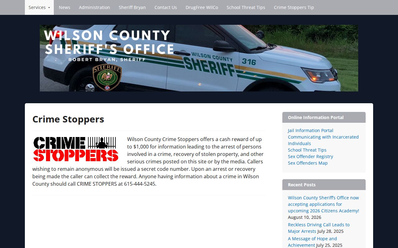 Wilson County active warrant reference showing the official Crime Stoppers program page
