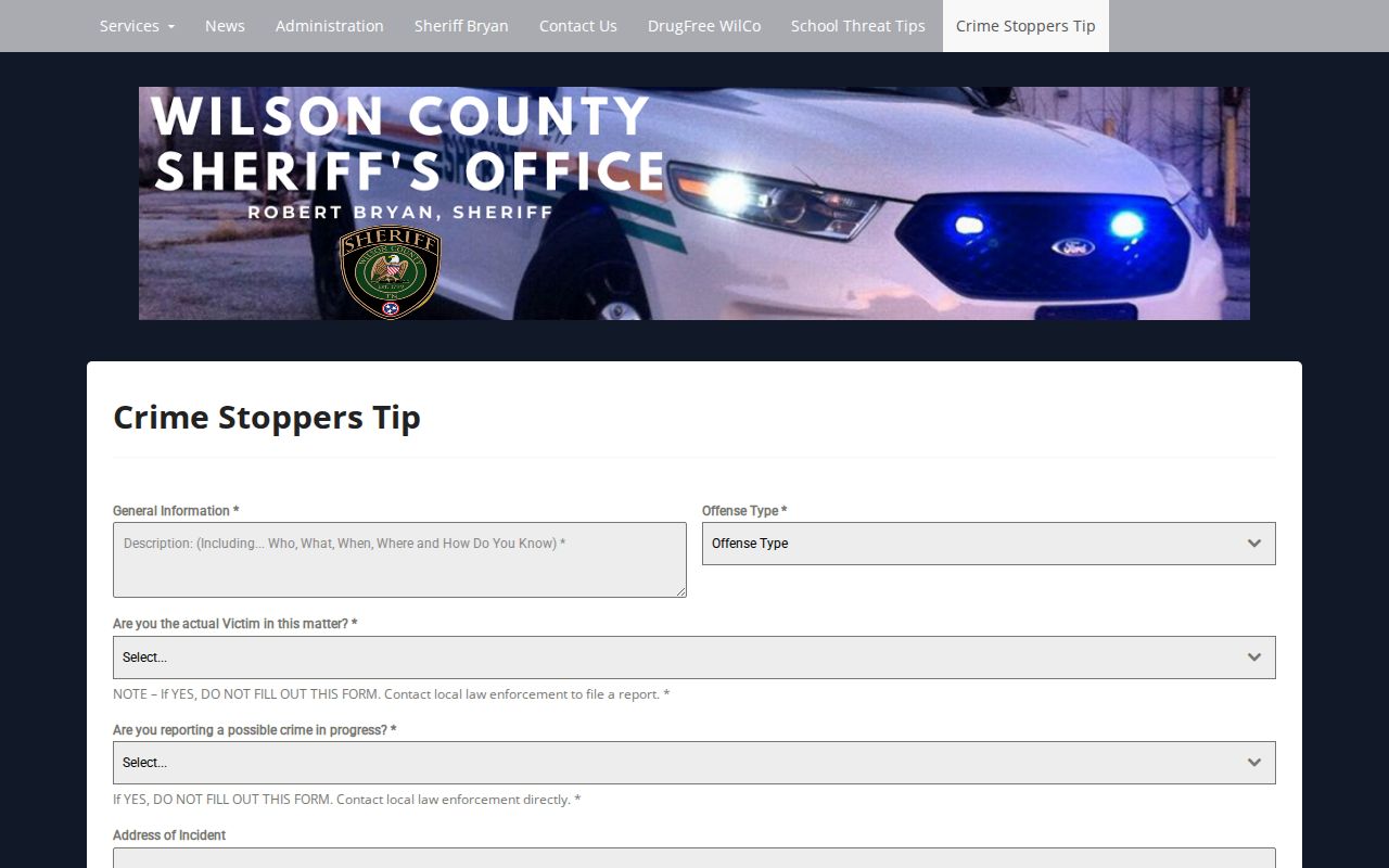 Wilson County Most Wanted tip reference showing the blank Crime Stoppers form