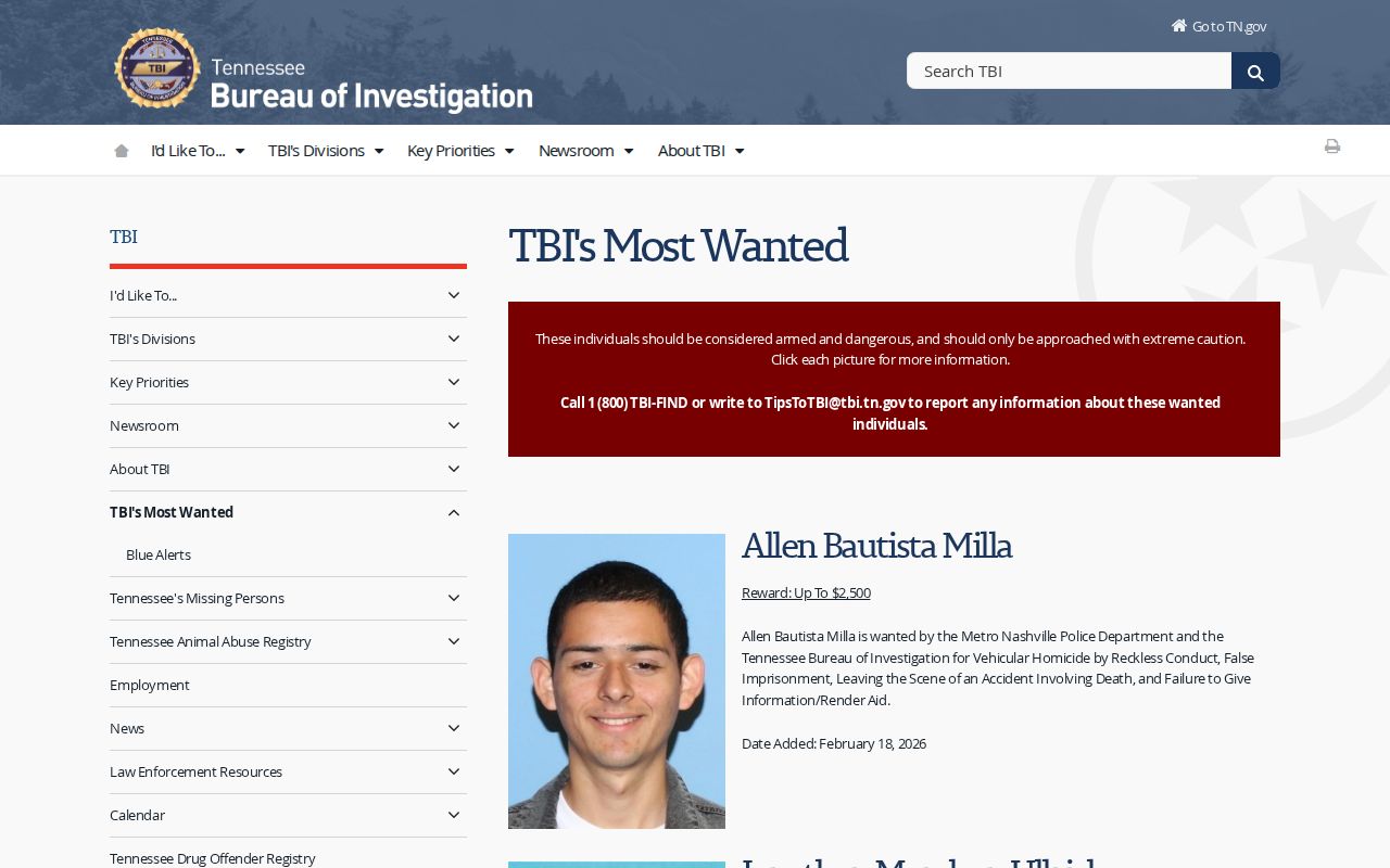 Wilson County Most Wanted reference linking to the statewide TBI program