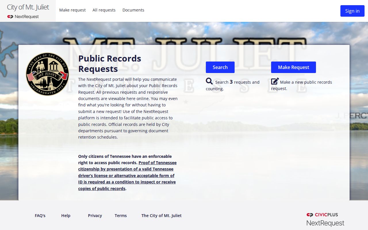 Mount Juliet warrant records reference to the city's public records request portal