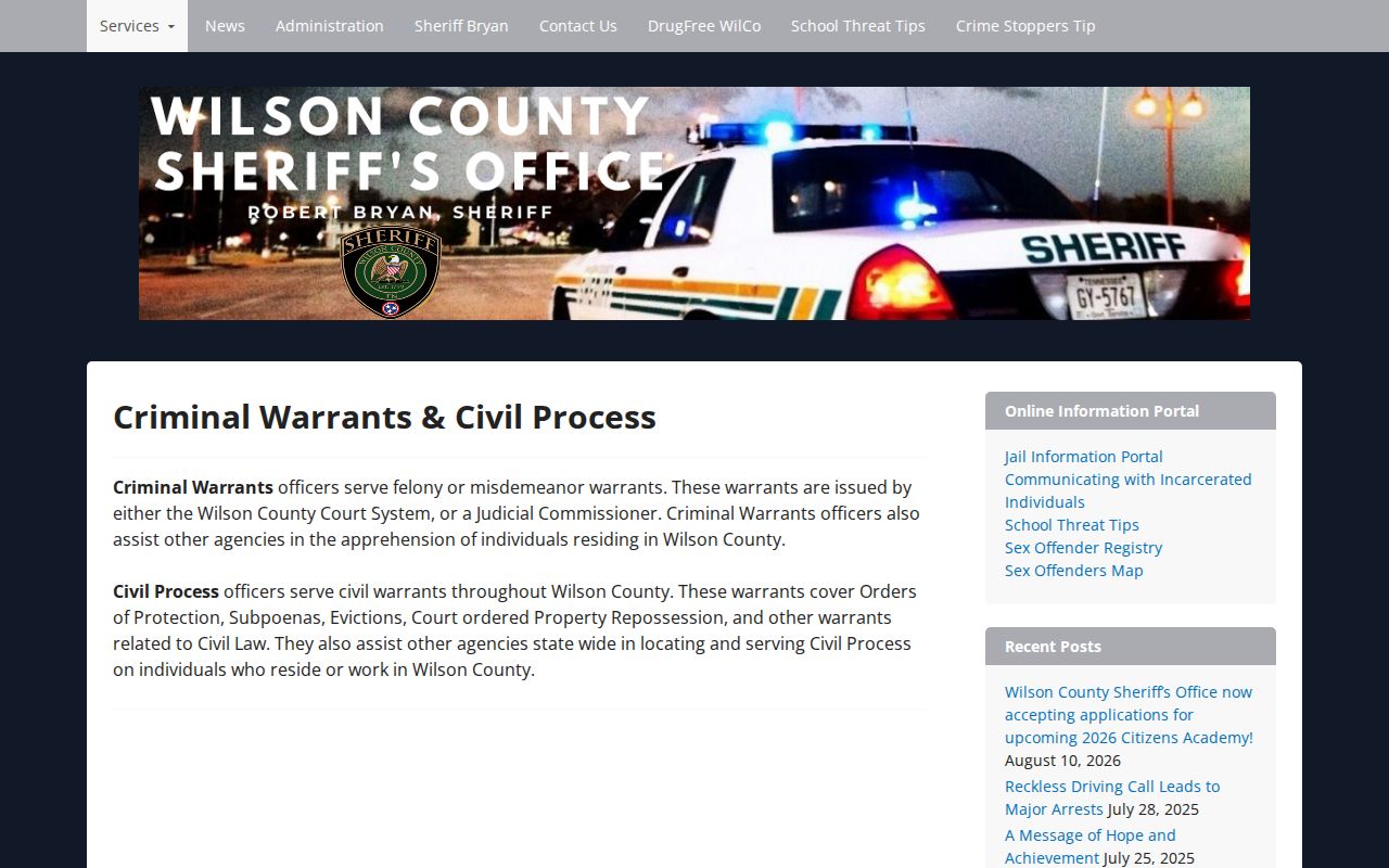 Wilson County warrant records reference to the sheriff's criminal and civil warrant process