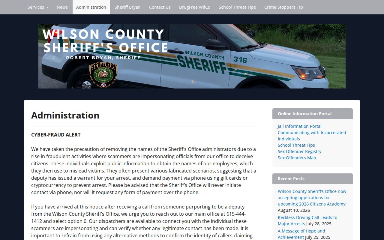 Wilson County warrant records safety note from the sheriff administration page