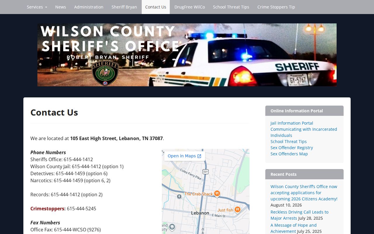 Wilson County warrant records reference showing official sheriff contact details
