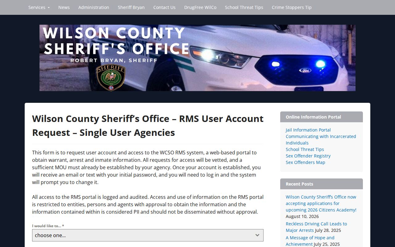 Wilson County warrant search reference to the restricted WCSO records system